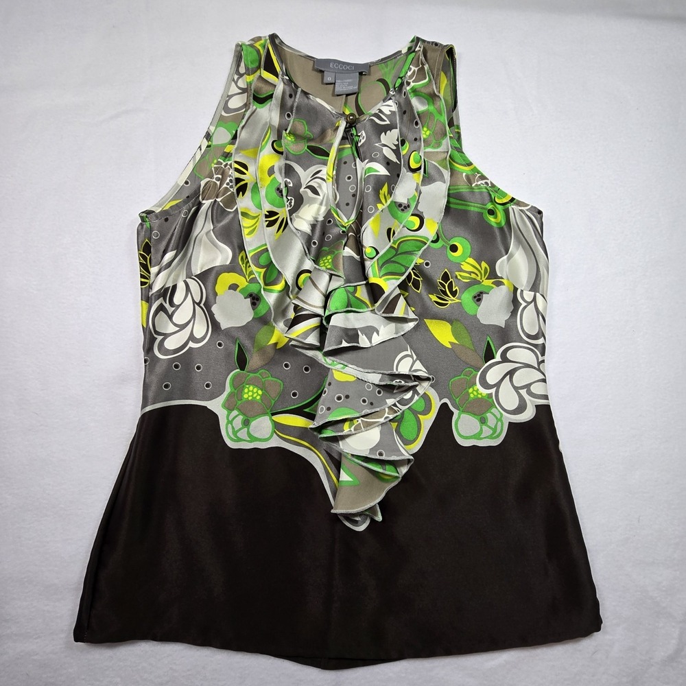 Eccoci Womens 100% Silk Floral Womens Tank Top Size 0 Ruffles Boho Artsy 3D Zip